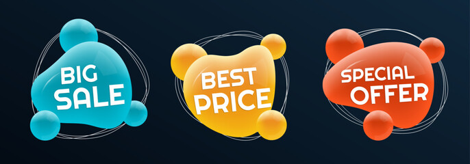 Sticker - 3d sale badge, sticker or label set. special offer, best price, big sale abstract liquid shape desig