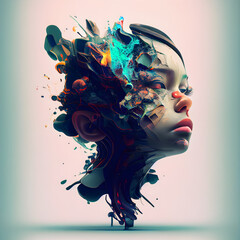 Wall Mural - Portrait of a beautiful woman with abstract colorful hair. 3d rendering