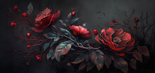 Generative AI, Close Up Of Blooming Flowerbeds Of Amazing Red Color Flowers On Dark Moody Floral Textured Background. Photorealistic Effect..