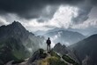 outdoorsman taking in the beauty of majestic mountain range, with clouds and peaks visible, created with generative ai
