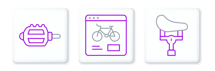 Sticker - Set line Bicycle seat, pedal and rental mobile app icon. Vector