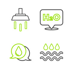 Poster - Set line Wave with water drop, Water, Chemical formula for H2O and Shower icon. Vector