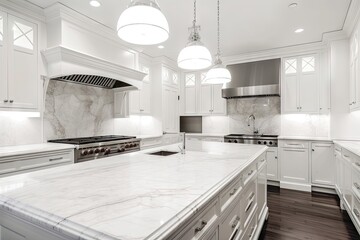 luxurious white kitchen with marble countertops, stainless steel appliances and backsplash, created with generative ai
