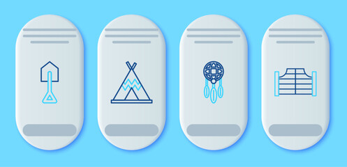 Sticker - Set line Indian teepee or wigwam, Dream catcher with feathers, Shovel and Saloon door icon. Vector