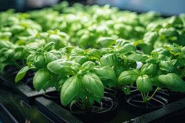 Sticker - close-up of bunches of basil, ready for harvest in aquaponics system, created with generative ai