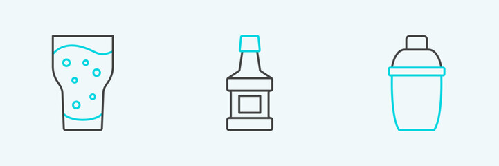 Sticker - Set line Cocktail shaker, Glass of beer and Whiskey bottle icon. Vector