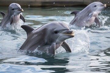 Canvas Print - baby dolphin leaping out of the water, surrounded by other dolphins, created with generative ai