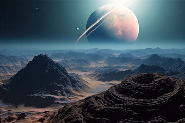 Wall Mural - surface of unknown planet with craters and mountains. rising star in sky against of lifeless planet 