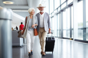 Elderly couple in airport terminal travelling together. Cheerful elderly man and woman waiting for an airplane flight. Happy old age. Created with Generative AI