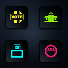 Sticker - Set USA Independence day, Vote, box and White House. Black square button. Vector