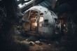 Desolate spaceship wreckage and cabin reclaimed by nature. Generative AI