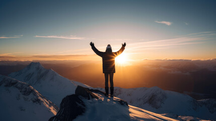 Wall Mural - On the peak of the mountain man's silhouette with arms raised at sunset. Generative AI