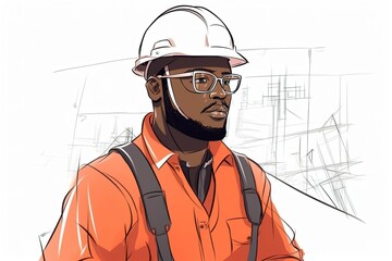 Illustration of Male engineer wearing hard hat and protective glasses over. Generative AI illustration