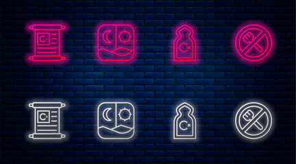 Sticker - Set line Ramadan fasting, Muslim Mosque, Holy book of Koran and . Glowing neon icon on brick wall. Vector