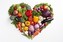Illustration Of Heart Formed By Vegetables, Healthy Eating Concept, White Background. Generative AI