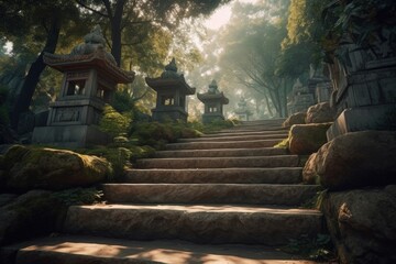 Mountain landscape with stone stairs, Chinese temple on top, forest. Generative AI