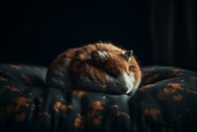 A Sleeping Hamster On A Dark Pillow. Generative AI
