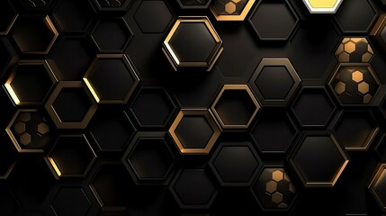 black hexagonal background, in the style of dark gray and dark gold, modern, dimensional layering, shaped canvas, dark white and dark orange, rectangular fields, sleek