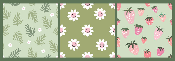 Wall Mural - Abstract contemporary seamless patterns, floral modern design, daisy flower and strawberry, aesthetic backgrounds, wallpapers set, modern minimalist decoration, pink and green colors