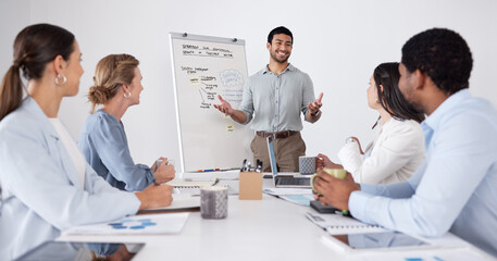 Wall Mural - hes got all the answers. cropped shot of a handsome young businessman giving a presentation in the b