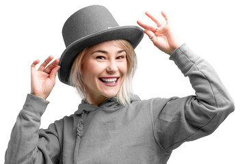 PNG Shot of a smiling woman. Beautifu youngl woman wearing gray hat and in a gray sweatshirt.