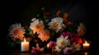 Mourning flowers and candles on a dark background in the form of a bouquet for condolences, generated by ai