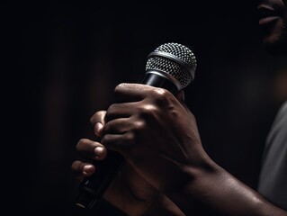 A hand holding a microphone and speaking at a conference or event with a blurred audience or stage background.