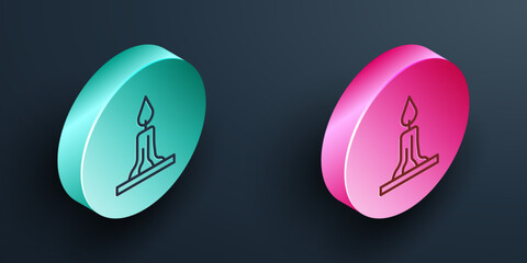 Wall Mural - Isometric line Burning candle in candlestick icon isolated on black background. Cylindrical candle stick with burning flame. Turquoise and pink circle button. Vector