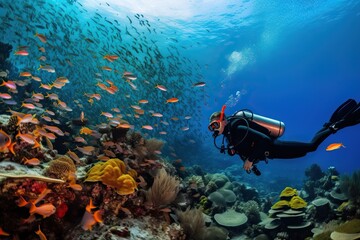  A person is engaged in diving and explores the marine world, a diver sees sea corals and fish under water, generative AI.