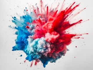 Freeze motion of colored powder explodes on white background. Abstract colorful explosion. Generative AI