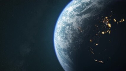 Wall Mural - Dawn, the sun illuminates half of the planet earth. Sunrise, front view of the world from space.Transition from day to night, ideal for news or climate change.Slow motion.Space landscape background 4k