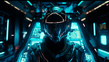 Fighter Pilot In Polished Mech Suit In The Cockpit Of The Ship