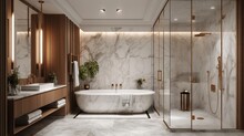 A Luxury Spa Bathroom With A Steam Shower And Marble Details. AI Generated
