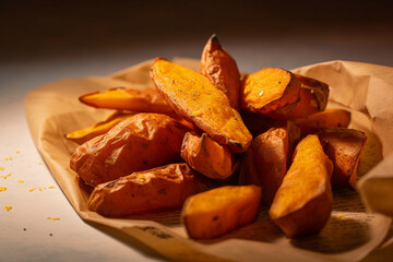 Poster - tasty and crunchy baked sweet potatoes on a paper, created with generative ai