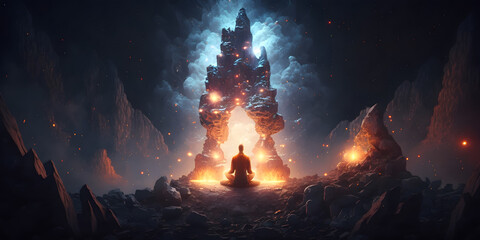 Wall Mural - astral yoga silhouette of human in cosmic space meditate. practicing transcendental spiritual medita