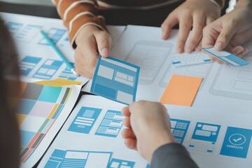 ux Graphic designer creative sketch planning application process development prototype wireframe for web mobile phone . User experience concept.