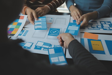 ux Graphic designer creative sketch planning application process development prototype wireframe for web mobile phone . User experience concept.