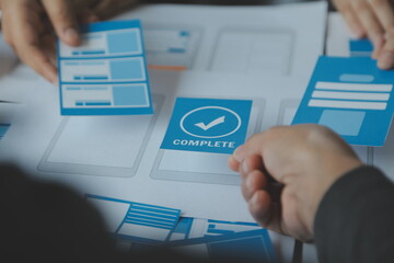 ux Graphic designer creative sketch planning application process development prototype wireframe for web mobile phone . User experience concept.