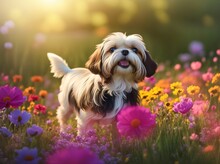 Joyful Shih Tzu Dog Exploring Lush Flower-filled Paradise. Generative AI