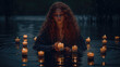 woman with long curly hair in the river with candles. Generative AI image.