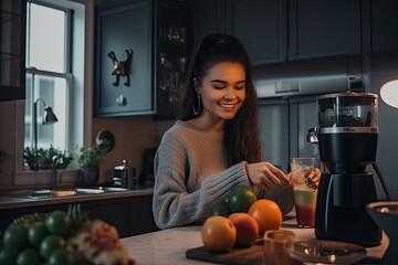 Mixed ethnicity young woman preparing a healthy smoothie at home in the kitchen