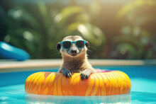 Cute Meerkat Chilling On A Yellow Inflatable Pool Float In A Swimming Pool. Summer Holidays Concept. Generative AI