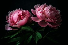 Two Pink Peonies With Green Leaves On A Black Background Framed By A Pink Flower On Each Side. Generative AI