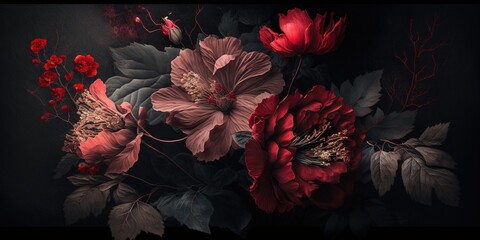 Generative AI, Close up of blooming flowerbeds of amazing red color flowers on dark moody floral textured background. Photorealistic effect..