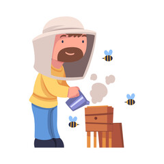 Wall Mural - Bearded Beekeeper with Smoker Keeping Honey Bee Engaged in Apiculture Vector Illustration