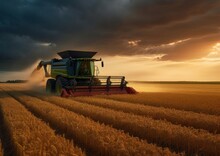 Combine Harvester Working On A Wheat Field. Concept For A Modern Approach To Agriculture. Generative AI.
