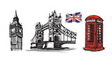 Fototapeta Londyn - Big Ben, Tower bridge, telephone booth, hand drawn illustrations, sketch style. Vector.