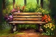 illustration, wooden bench in the garden, ai generative.
