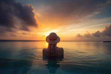 Woman relaxing in infinity swimming pool in Maldives, AI