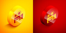 Isometric Retro Cinema Camera Icon Isolated On Orange And Red Background. Video Camera. Movie Sign. Film Projector. Circle Button. Vector